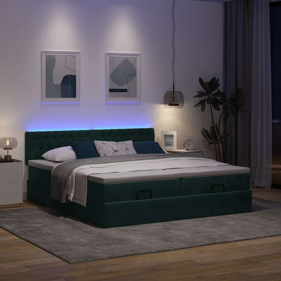 Cadre de lit ottoman avec matelas vert foncé 200x200 cm velours - 3