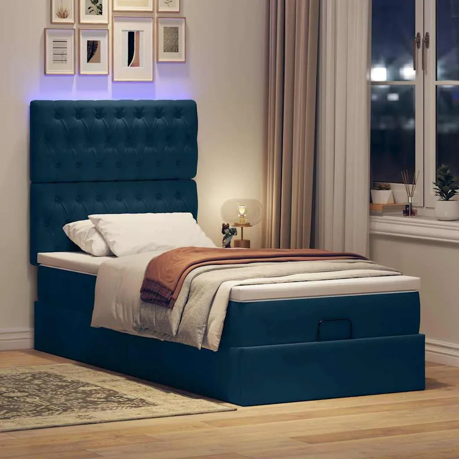Cadre de lit ottoman avec matelas bleu foncé 90x200 cm velours - 3