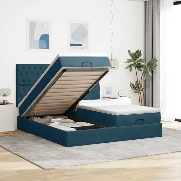 Cadre de lit ottoman avec matelas bleu foncé 200x200 cm velours