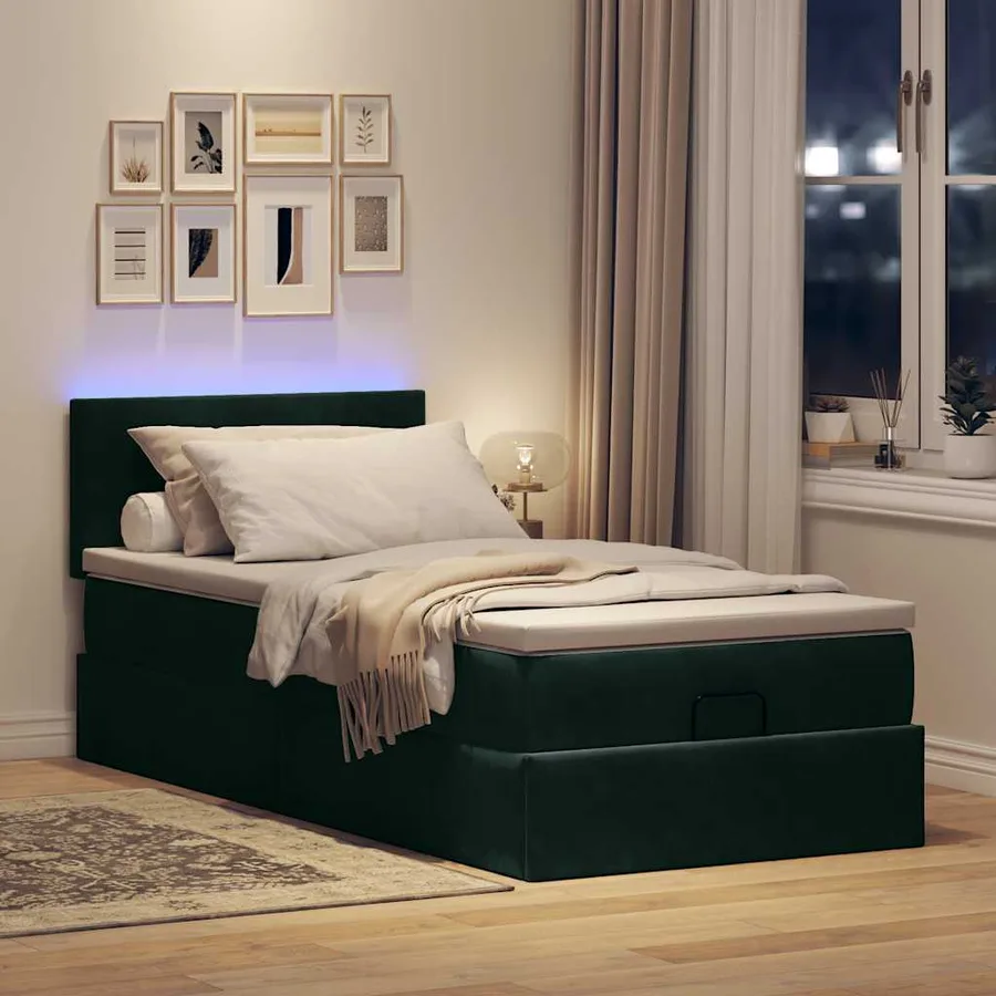 Lit ottoman avec matelas et LED Vert foncé 90x200cm velours - 3