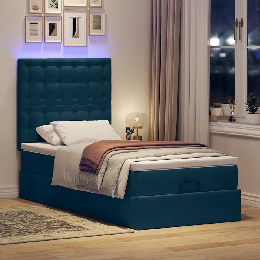 Cadre de lit ottoman avec matelas bleu foncé 100x200 cm velours - 3