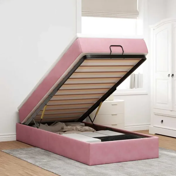 Cadre de lit ottoman avec matelas rose 90x190 cm velours