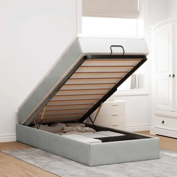 Cadre de lit ottoman et matelas gris clair 90x190 cm velours