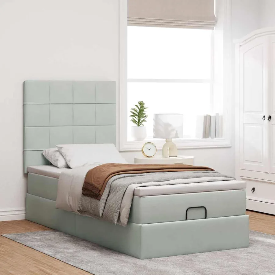 Cadre de lit ottoman et matelas gris clair 90x190 cm velours - 3