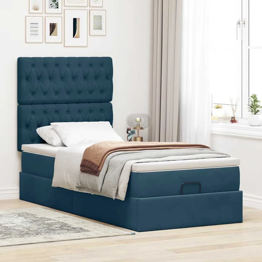 Cadre de lit ottoman avec matelas bleu foncé 90x190 cm velours - 4