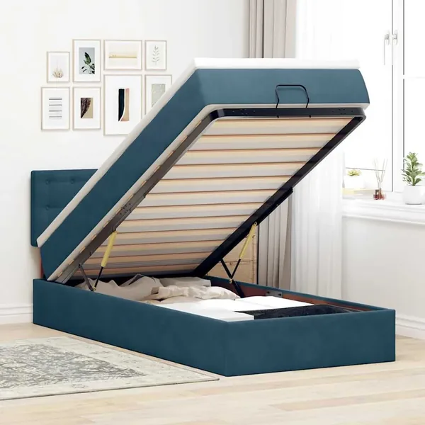 Cadre de lit ottoman avec matelas bleu foncé 90x190 cm velours