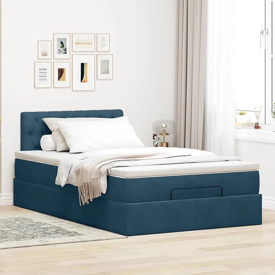 Lit ottoman avec matelas bleu foncé 120x190 cm velours - 3