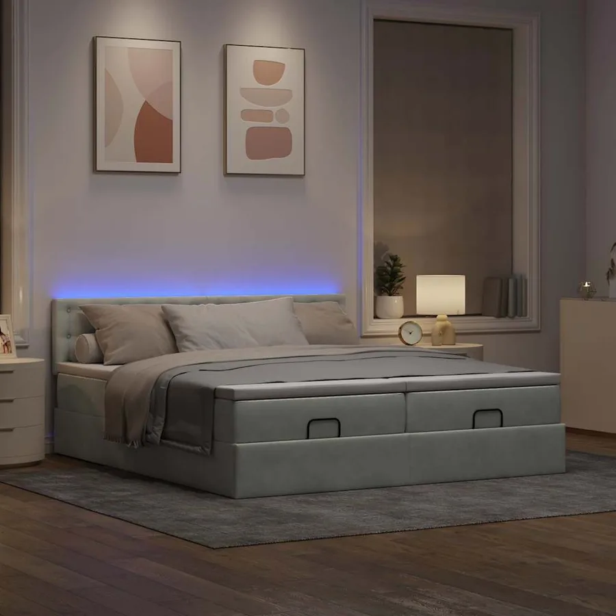 Cadre de lit ottoman et matelas gris clair 180x200cm velours - 3