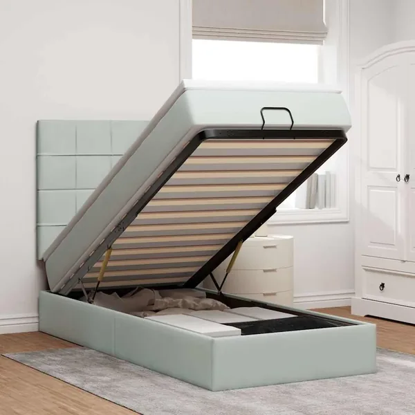 Cadre de lit ottoman et matelas gris clair 90x200 cm velours