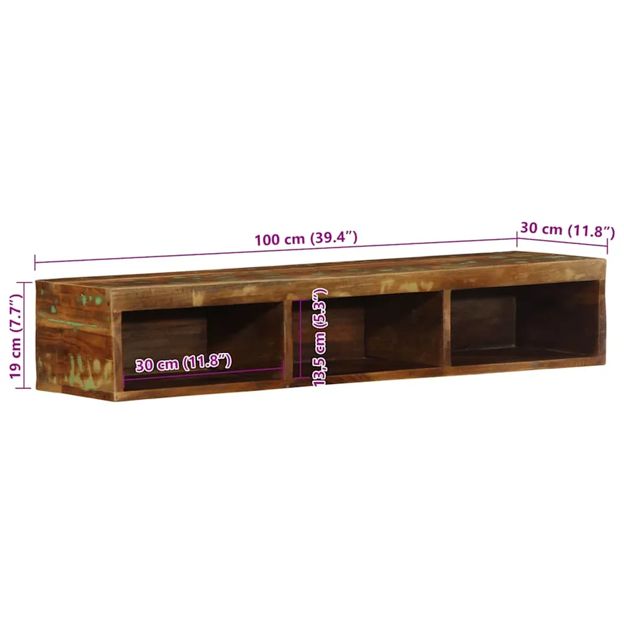 Meuble TV mural 100x30x19 cm bois massif de récupération - 11