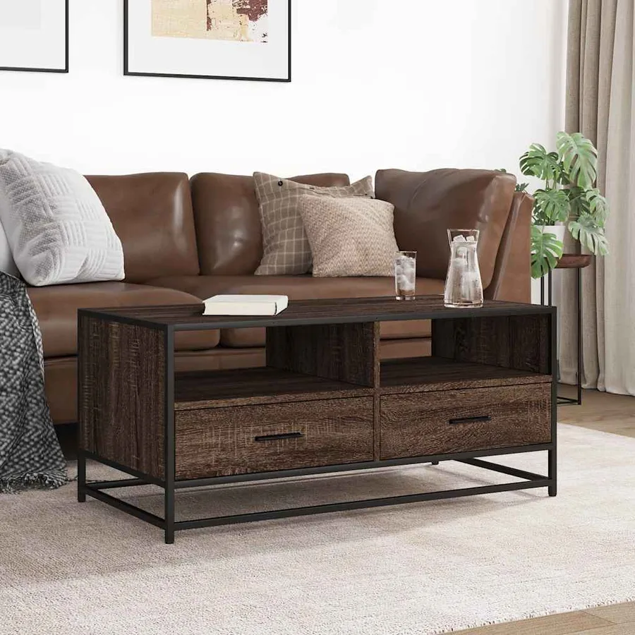Table basse chêne marron 100x50x45cm bois d'ingénierie et métal - 3