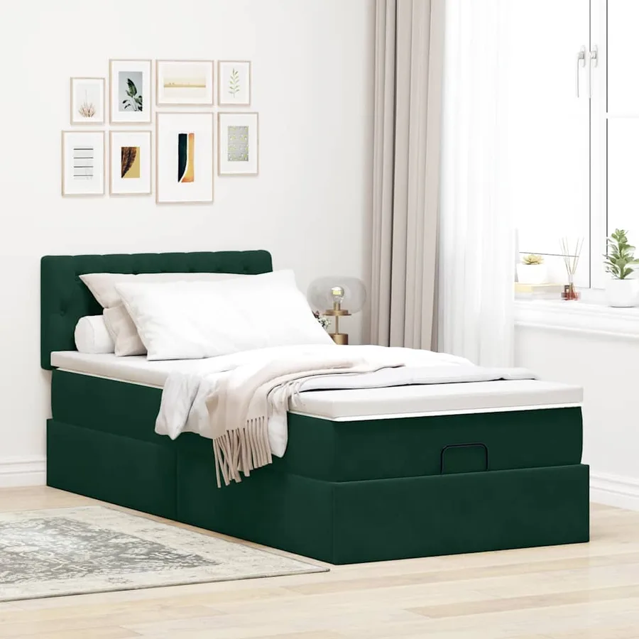 Cadre de lit ottoman avec matelas vert foncé 100x200 cm velours - 3