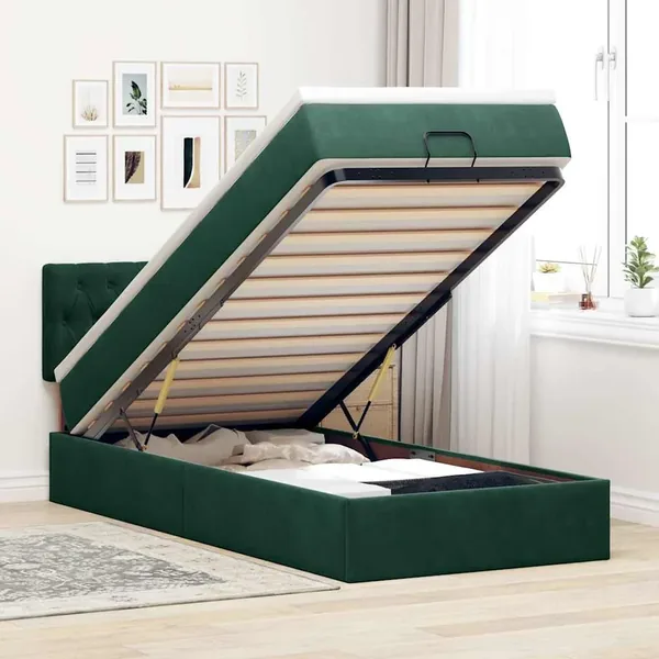 Cadre de lit ottoman avec matelas vert foncé 100x200 cm velours