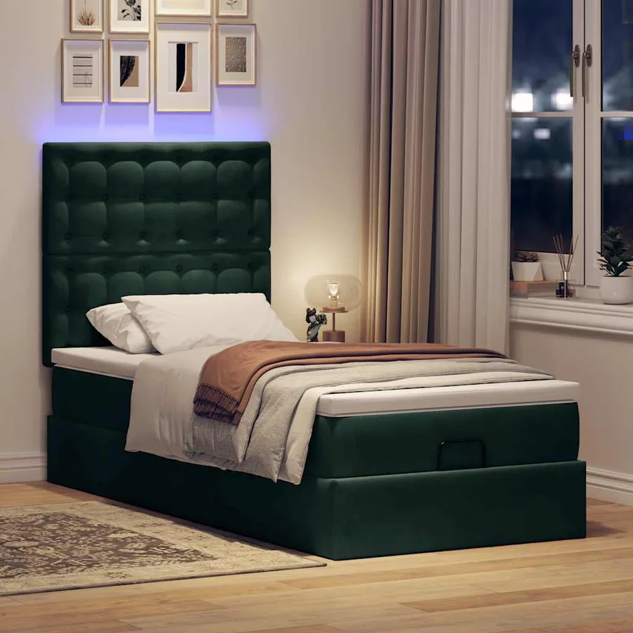 Cadre de lit ottoman avec matelas vert foncé 90x200 cm velours - 3