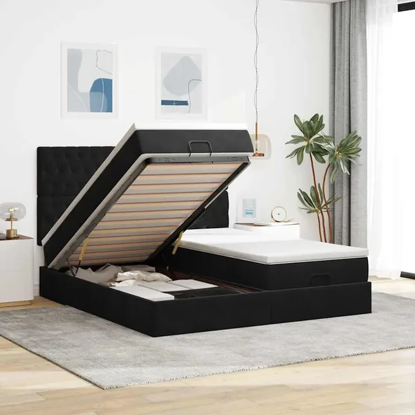 Cadre de lit ottoman avec matelas noir 160x200 cm velours
