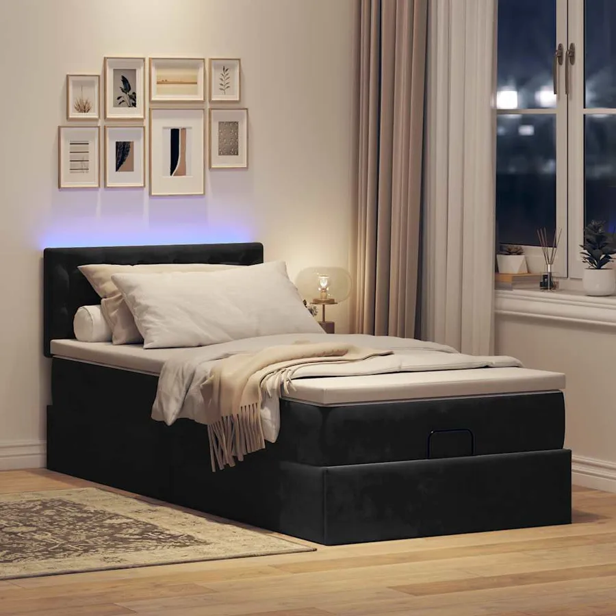 Lit ottoman avec matelas et LED noir 80x200cm velours - 3