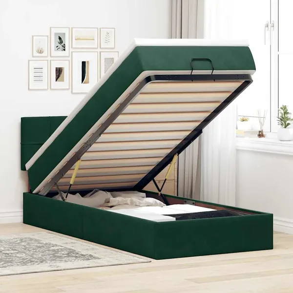 Cadre de lit ottoman avec matelas vert foncé 80x200 cm velours