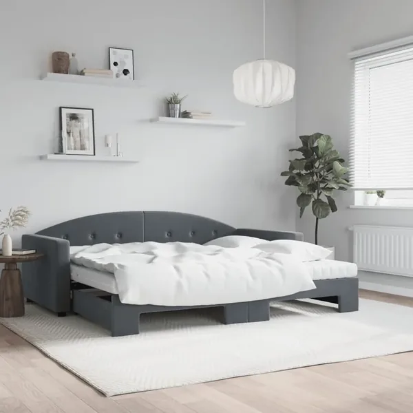 Lit de jour avec gigogne et matelas gris foncé 90x200cm velours