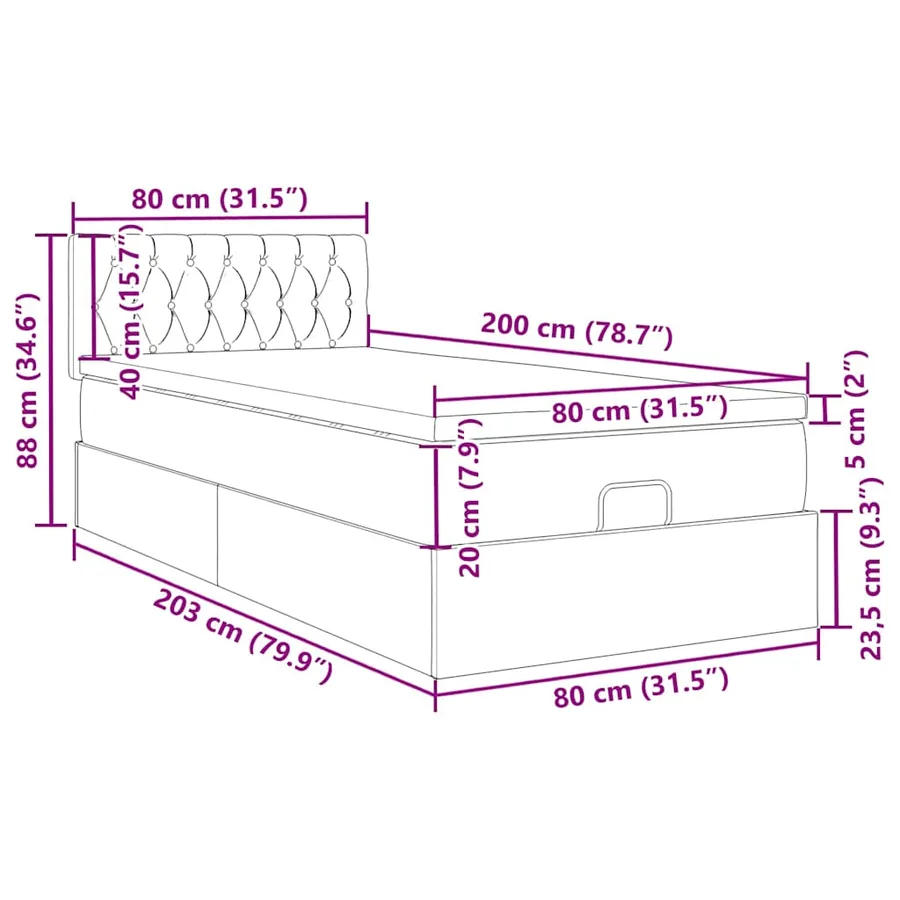 Cadre de lit ottoman avec matelas gris clair 80x200 cm velours - 16