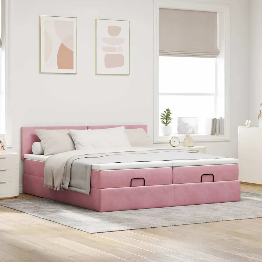 Cadre de lit ottoman avec matelas rose 160x200 cm velours - 3