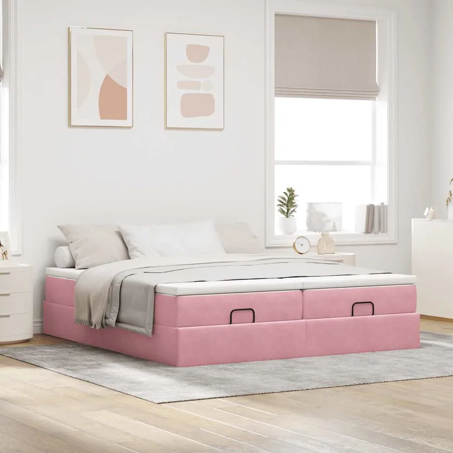 Cadre de lit ottoman avec matelas rose 160x200 cm velours - 3
