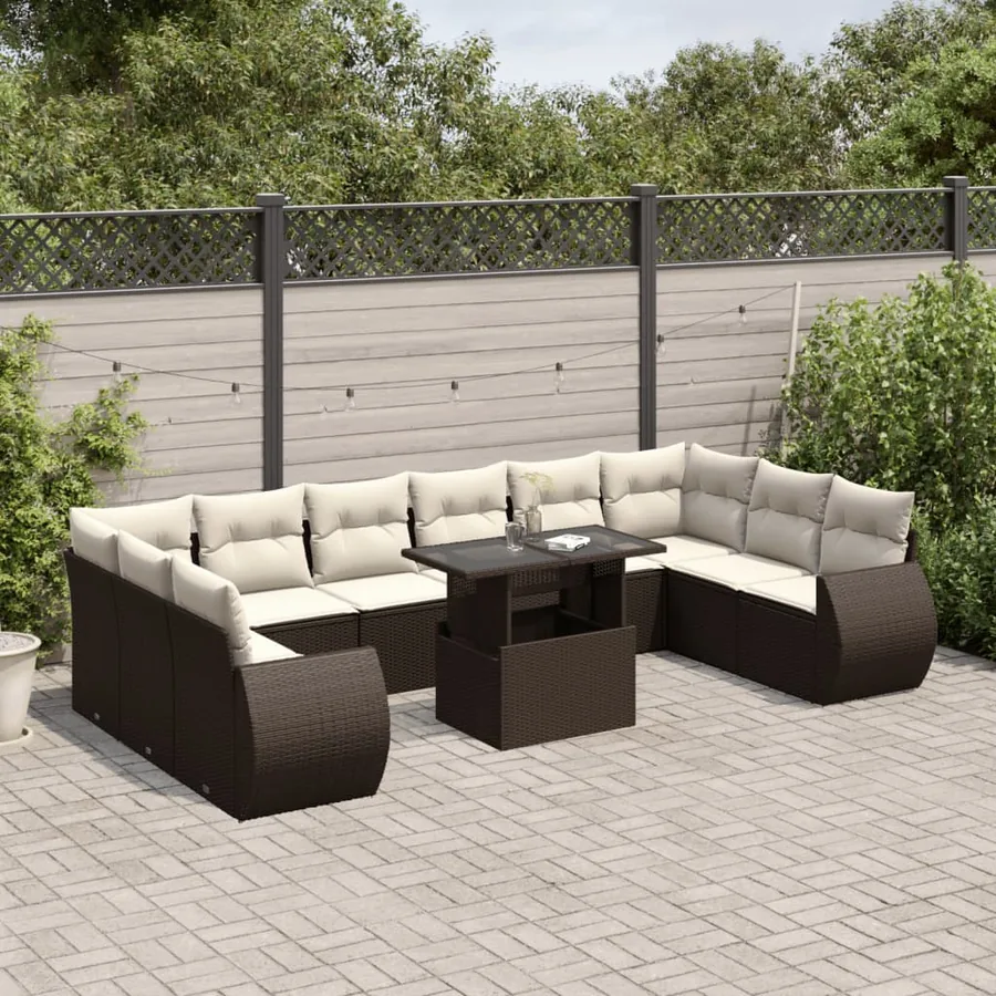 Salon de jardin et coussins 11 pcs marron résine tressée