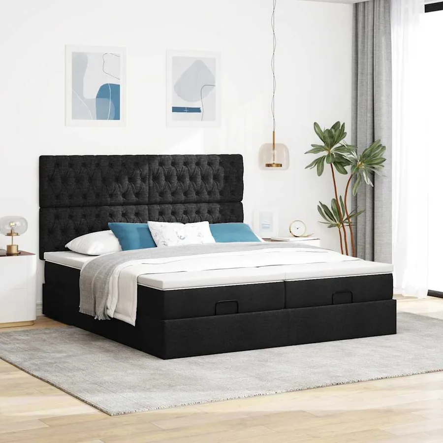 Cadre de lit ottoman avec matelas noir 160x200 cm tissu - 3
