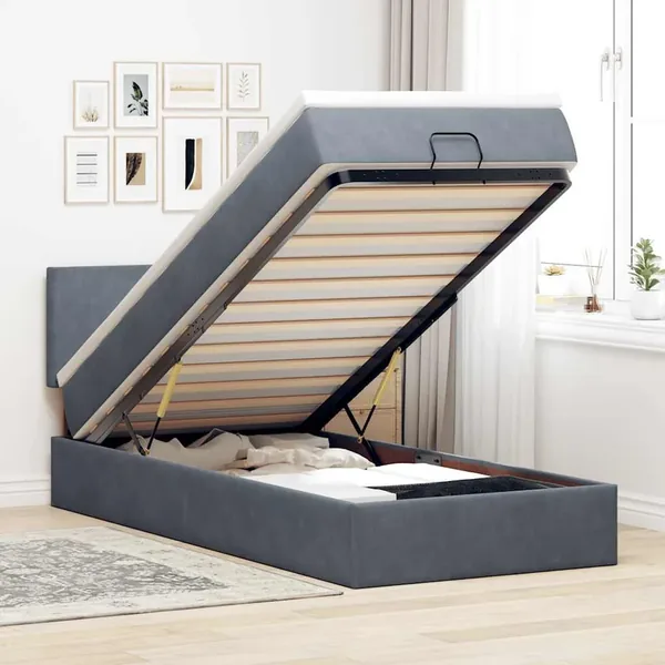 Cadre de lit ottoman et matelas gris foncé 90x200 cm velours