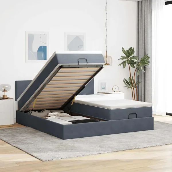 Cadre de lit ottoman avec matelas gris foncé 180x200cm velours