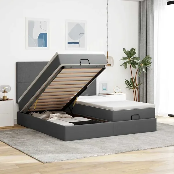 Cadre de lit ottoman avec matelas gris foncé 160x200cm tissu