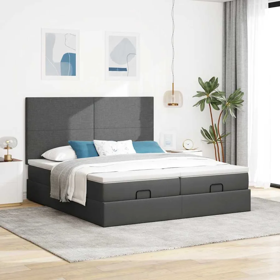 Cadre de lit ottoman avec matelas gris foncé 160x200cm tissu - 3