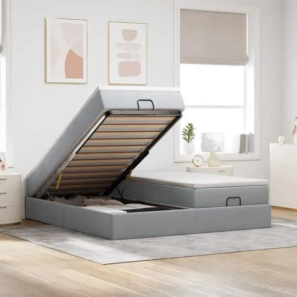 Cadre de lit ottoman et matelas gris clair 160x200cm tissu