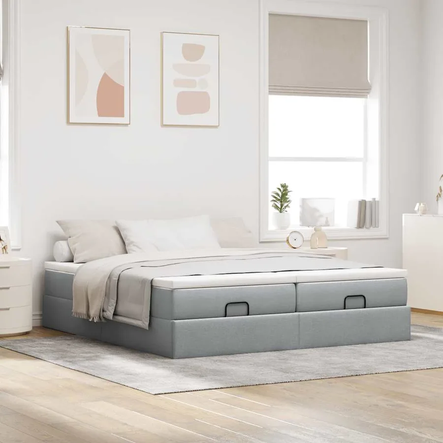 Cadre de lit ottoman et matelas gris clair 160x200cm tissu - 3