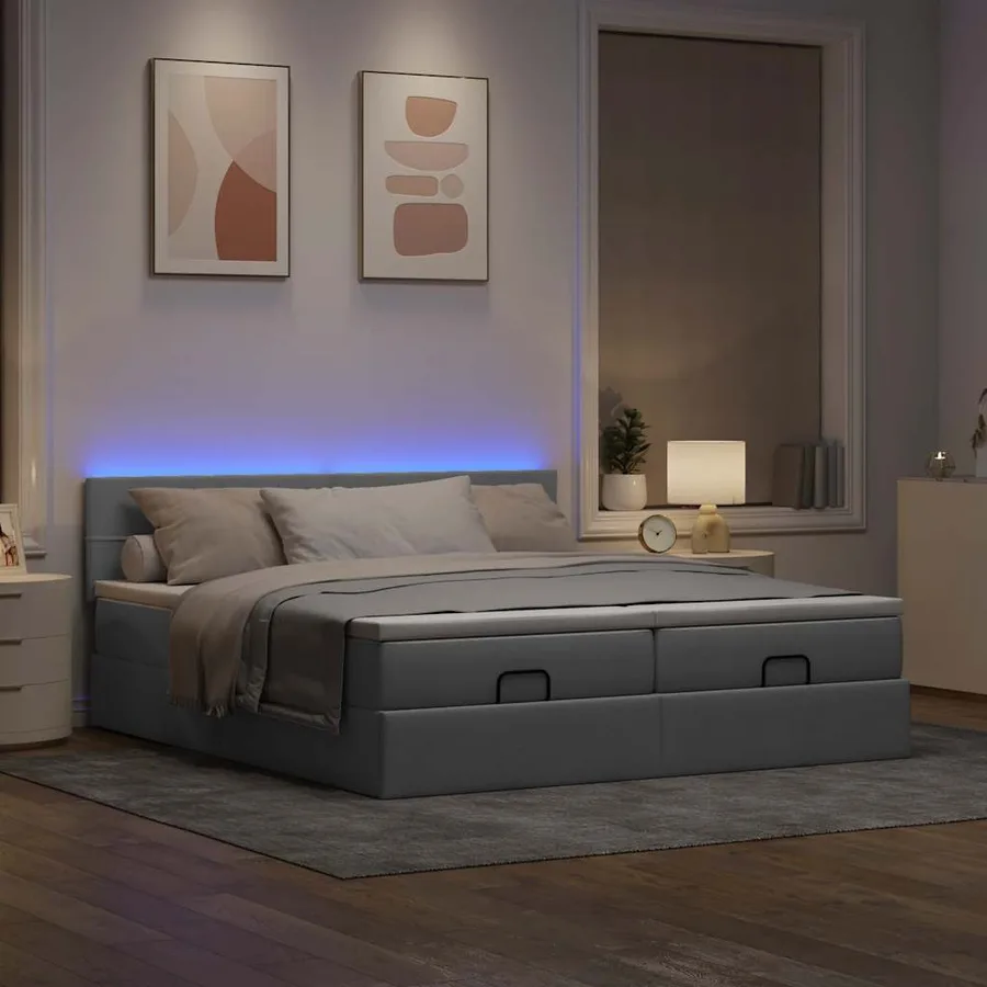Cadre de lit ottoman et matelas gris clair 160x200cm tissu - 3