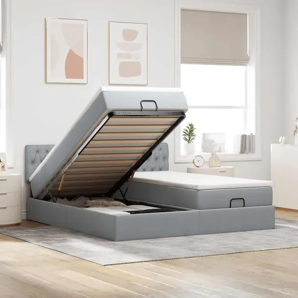 Cadre de lit ottoman et matelas gris clair 160x200cm tissu