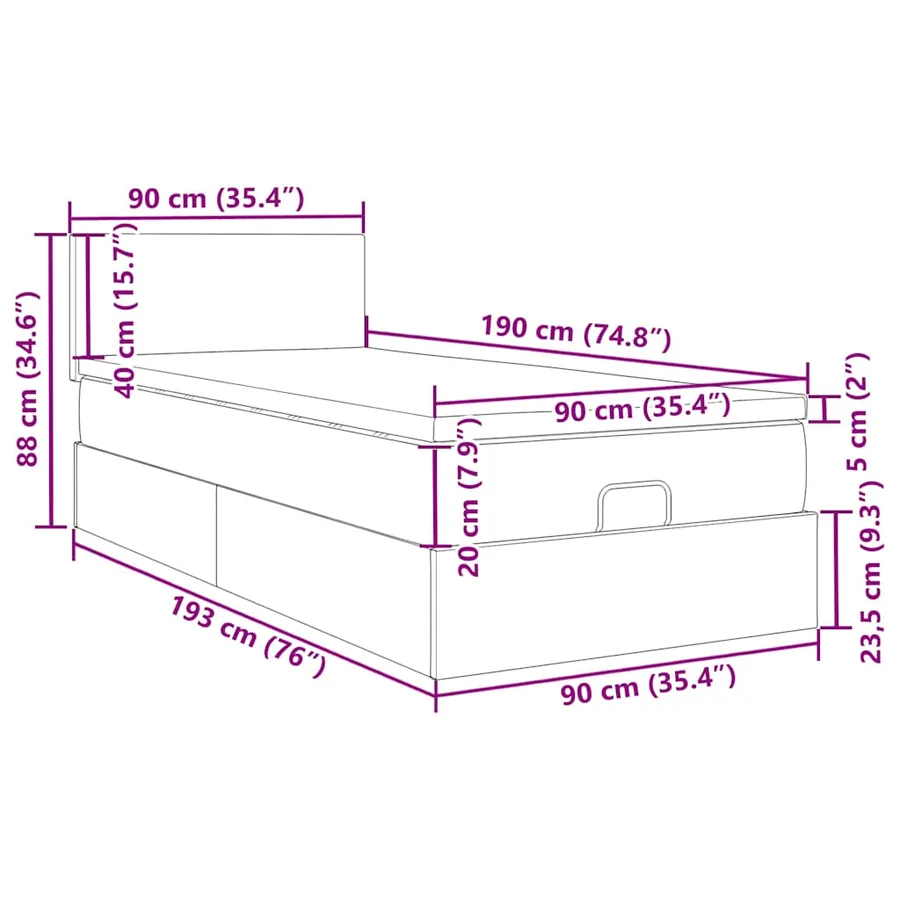 Cadre de lit ottoman avec matelas marron foncé 90x190 cm tissu - 18