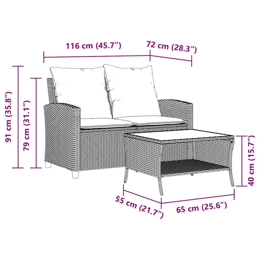 Canapé de jardin 2places coussins et table beige résine tressée - 12