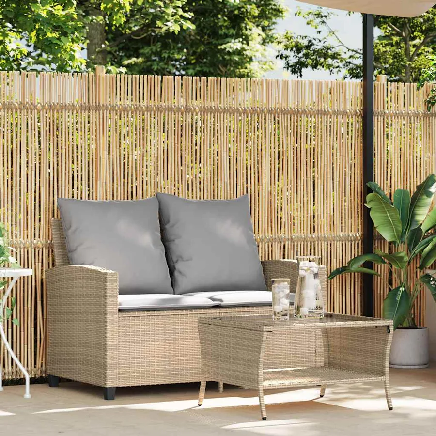 Canapé de jardin 2places coussins et table beige résine tressée - 3