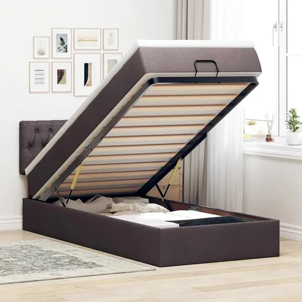 Cadre de lit ottoman avec matelas marron foncé 90x190 cm tissu