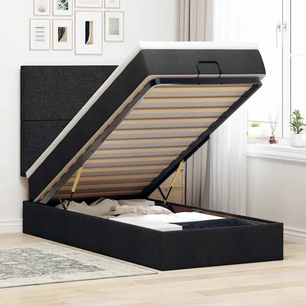 Cadre de lit ottoman avec matelas noir 90x190 cm tissu