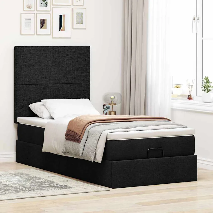 Cadre de lit ottoman avec matelas noir 90x190 cm tissu - 4
