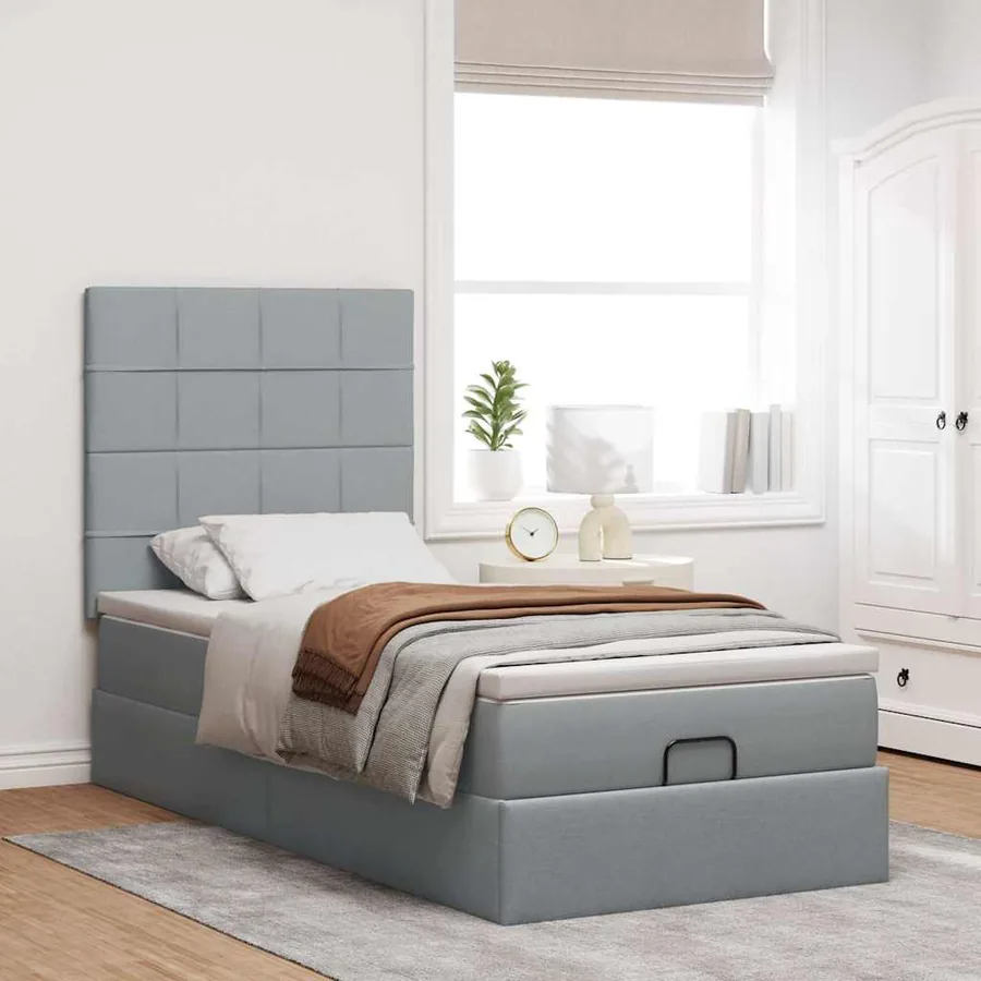 Cadre de lit ottoman et matelas gris clair 90x190 cm tissu - 4