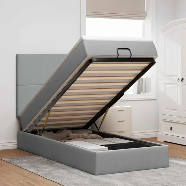 Cadre de lit ottoman et matelas gris clair 90x190 cm tissu