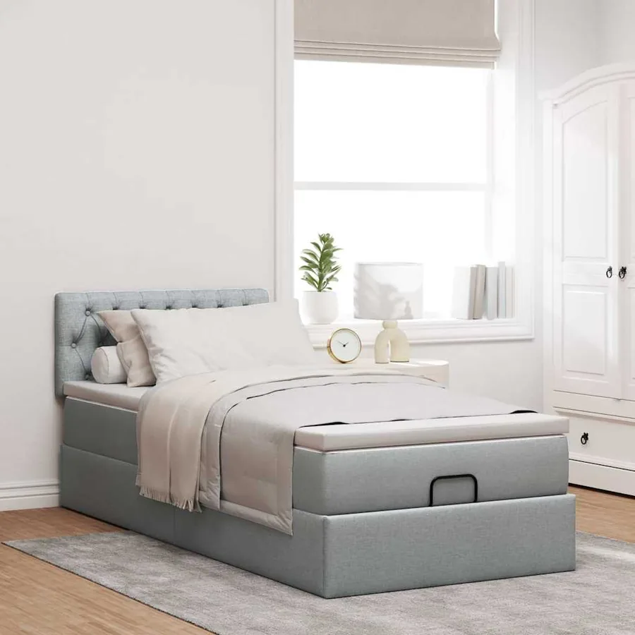 Cadre de lit ottoman et matelas gris clair 90x190 cm tissu - 4
