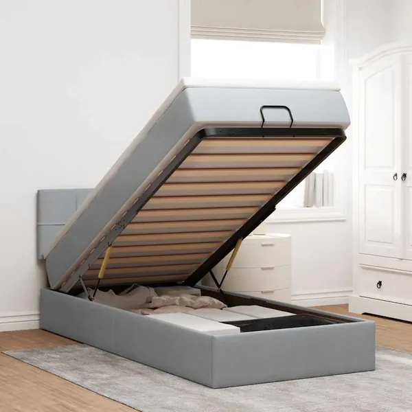 Cadre de lit ottoman et matelas gris clair 90x190 cm tissu