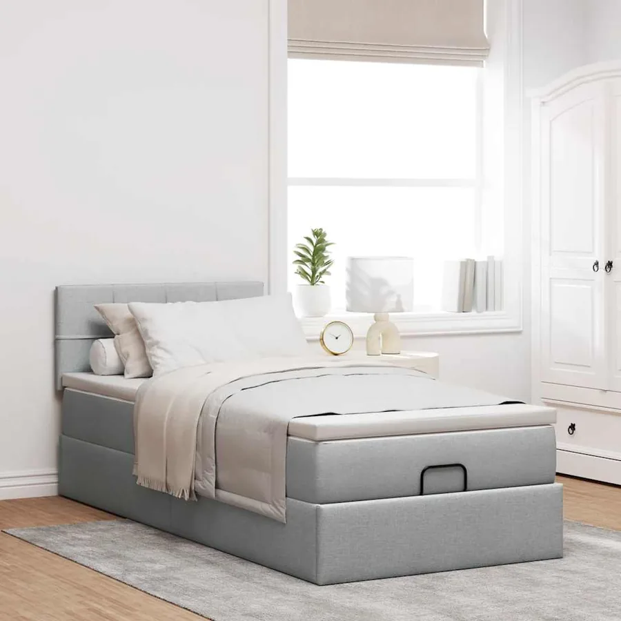 Cadre de lit ottoman et matelas gris clair 90x190 cm tissu - 3