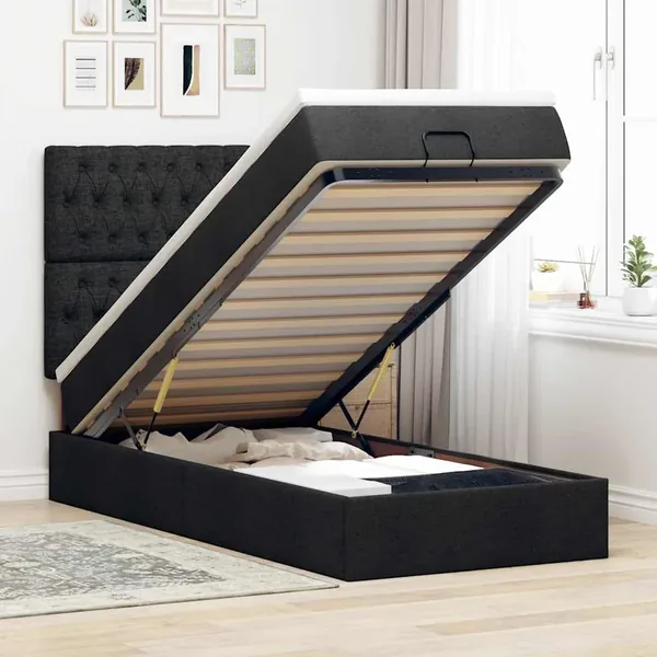 Cadre de lit ottoman avec matelas noir 90x190 cm tissu