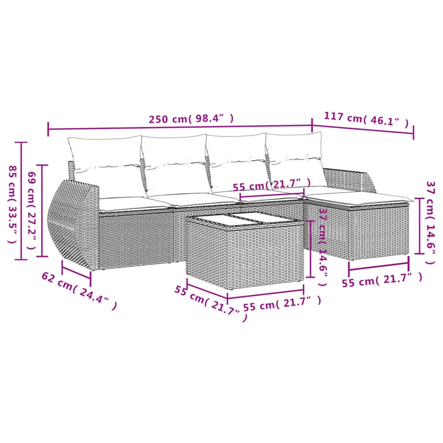 Salon de jardin avec coussins 6 pcs marron résine tressée - 8