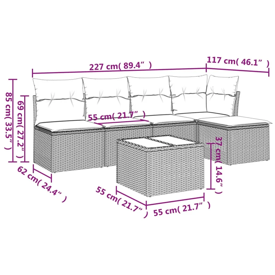 Salon de jardin avec coussins 6 pcs marron résine tressée - 3