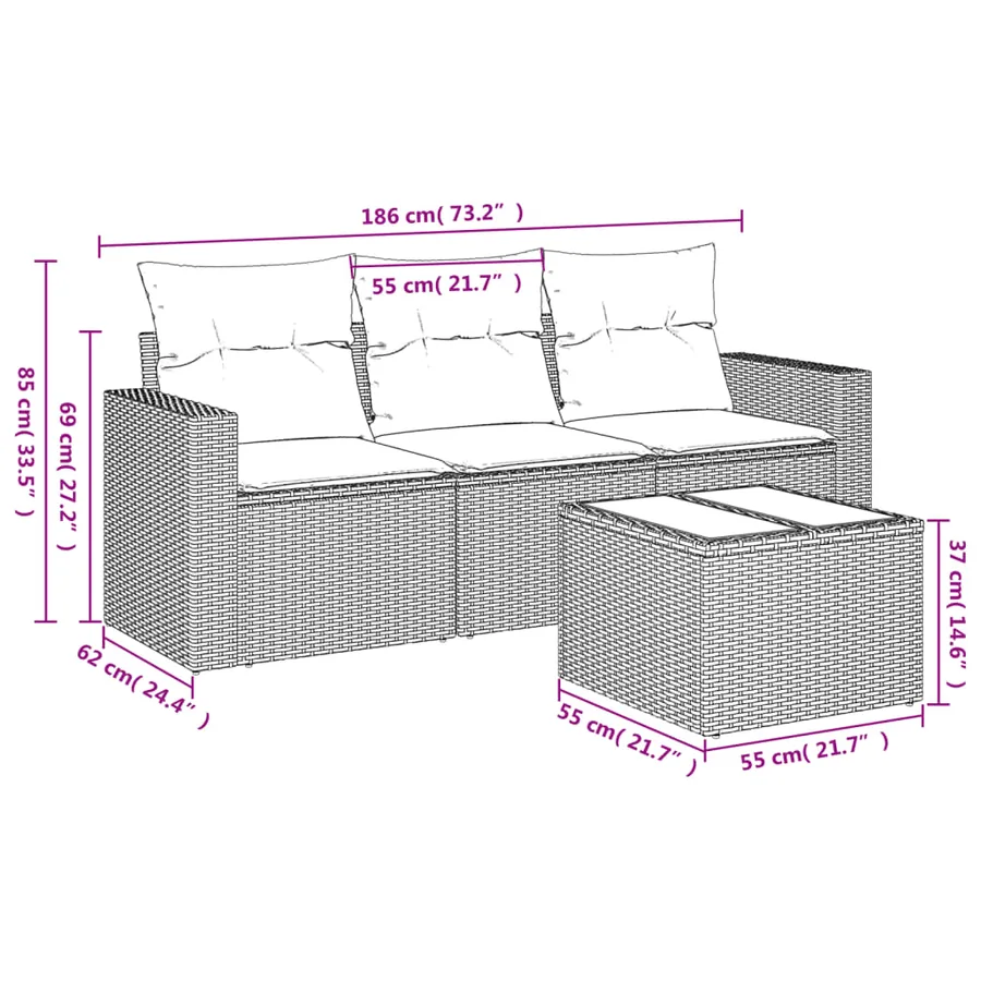 Salon de jardin 4 pcs avec coussins marron résine tressée - 3